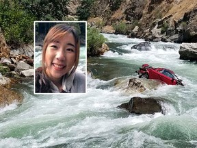 This Aug. 5, 2017, file photo shows a car in the middle of Kings River near Fresno, Calif. Thai exchange students Pakapol Bhakapon Chairatnathrongporn and Thiwadee Saengsuriyarit (inset) died in the crash. (Fresno County Sheriff’s Office via AP, File)