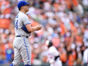 Roberto Osuna of the Toronto Blue Jays looks on after giving up a home to Welington Castillo of the Baltimore Orioles in the ninth inning at Oriole Park at Camden Yards on Sept. 3, 2017. (Mitchell Layton/Getty Images)