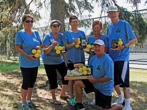 Team Blue Light, from left to right, included Jo-Anne Morton, Terri Hastings, Jan Sykes, Betty Ann Schleihauf, Terry Boss, and Captain Bob McQuiggan in front. They won the tournament held Aug. 26 at Pinafore Park in St. Thomas, a venue now being seen as a blueprint for other municipalities in southwest Ontario. (Handout)