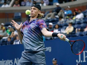 Denis Shapovalov, of Canada, returns a shot to Pablo Carreno Busta, of Spain, during the fourth round of the U.S. Open tennis tournament, Sunday, Sept. 3, 2017, in New York.  Shapovalov headlines Canada's team for next week's Davis Cup tie against India.