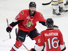 Ottawa Senators centre Derick Brassard celebrates with left winger Clarke MacArthur after scoring against the Pittsburgh Penguins during Game 3 of the Eastern Conference final in Ottawa on May 17, 2017. (THE CANADIAN PRESS/Adrian Wyld)