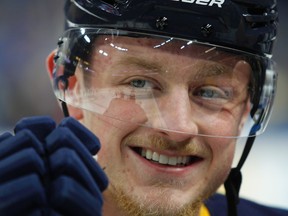 In this Feb. 2, 2017, file photo, Buffalo Sabres forward Jack Eichel looks on before an NHL hockey game against the New York Rangers in Buffalo, N.Y. (AP Photo/Jeffrey T. Barnes, File)