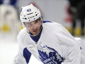 Nazem Kadri of the Maple Leafs skates laps Budweiser Gardens during a pre-season practice with other NHLers in London, Ont., on Aug. 24, 2017. (Mike Hensen/The London Free Press/Postmedia Network)