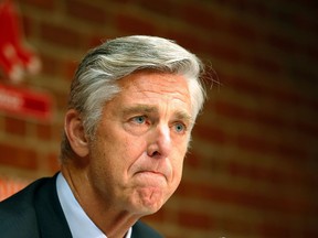 Boston Red Sox president of baseball operations Dave Dombrowski listens to a question at a news conference at Fenway Park in Boston on Sept. 5, 2017. (AP Photo/Winslow Townson)