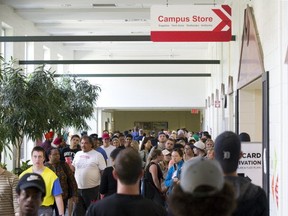 Students faced a 50-metre queue and more than a half-hour wait to buy supplies at Fanshawe College?s campus bookstore on the first day of classes Tuesday. (DEREK RUTTAN, The London Free Press)