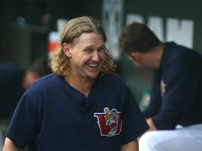 Winnipeg Goldeyes left-fielder Josh Romanski, named the American Association's player of the year, has a laugh in the dugout while facing the Fargo-Moorhead RedHawks at Shaw Park on Mon., Sept. 4, 2017. Kevin King/Winnipeg Sun/Postmedia Network