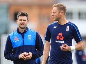 England's James Anderson (left) and Stuart Broad talk during their nets session at Lords in London on Sept. 5, 2017. With the series tied at 1-1, the third and final Test between England and West Indies will start Sept.7. (ADAM DAVY/AP)