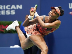 Venus Williams returns the ball to Czech Republic's Petra Kvitova during their 2017 U.S. Open Women's Singles Quarterfinal match at the USTA Billie Jean King National Tennis Center in New York on September 5, 2017. (DON EMMERT/AFP/Getty Images)