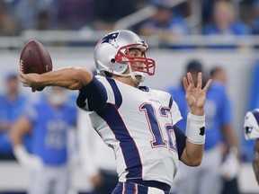 New England Patriots quarterback Tom Brady throws during the first half of an NFL preseason football game against the Detroit Lions, Friday, Aug. 25, 2017, in Detroit. (AP Photo/Duane Burleson)