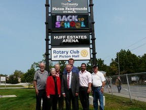 SUBMITTED PHOTO
The new electronic sign is now operating at the Picton Fairgrounds. Pictured at the launch on Tuesday are (left to right) Coun. Gord Fox, Sandy Latchford, president, Rotary Club of Picton, Rick Jones, past president, Rotary Club of Picton, Mayor Robert Quaiff, Lanny Huff of Huff Estates, Jason Sharpe of Huff Estates and Coun. Jim Dunlop.