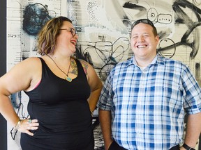 Elizabeth Downey-Sunnen, the 2017 United Way campaign chair, shares a laugh in her second-storey Chatham art studio with Steve Pratt, a co-chair for last year's campaign. The teacher-turned-artist will spearhead this year's campaign by herself, the first time United Way has gone with a single fundraising campaign chair since 2002.