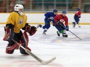 Team hopefuls run through skating drills at the Rayside Balfour Jr. A Canadians main camp at the Gerry McCrory Countryside Sports Complex in Sudbury, Ont. on Tuesday August 22, 2017. The camp runs all week and wraps up with a scrimmage at 5pm on Saturday August 26 at the Noelville Arena.Gino Donato/Sudbury Star/Postmedia Network