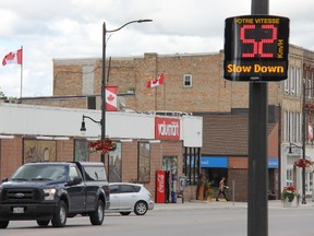 A radar speed sign installed on Ontario Road in Mitchell tracks the speed of a vehicle not seen in the picture. (JONATHAN JUHA, Beacon Herald)