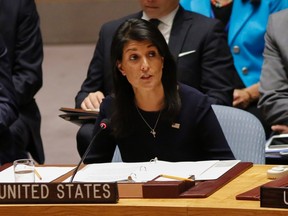 (FILES) This file photo taken on September 4, 2017 shows United States Ambassador to the United Nations Nikki Haley speaking during a UN Security Council emergency meeting over North Korea's latest nuclear testat UN Headquarters in New York.
Washington's ambassador to the United Nations warned September 5, 2017 that, if left unchanged, the Iran nuclear deal could allow Tehran to pose the same kind of missile threat to US cities as North Korea.President Donald Trump is due to decide in the middle of next month whether he believes Iran is living up to its commitments or whether to seek new US sanctions that could torpedo the accord.
 / AFP PHOTO / KENA BETANCURKENA BETANCUR/AFP/Getty Images