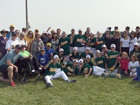 Members of the Sudbury Shamrocks peewee baseball team pose with their families after winning the OBA A championship in Richmond Hill this past weekend. Photo supplied