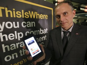 TTC Chair Josh Colle unveils a new app that will allow riders to combat harassment on the transit system. (VERONICA HENRI, Toronto Sun)