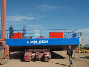 A 30-metre-by-10-metre barge will leave Edmonton Thursday to the Northwest Territories. Constructed by Waiward, in East Edmonton, it will transport Oil and Gas company supplies along the Mackenzie River on September 6, 2017. Photo by Shaughn Butts / Postmedia