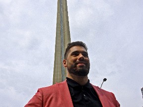 Canadian NFLer Laurent Duvernay-Tardif poses for a photo in downtown Toronto in July 2017. (John Kryk/Postmedia)