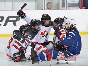Canadian sledge hockey players (l to r) Corbyn Smith of Edmonton, Greg Westlake of Oakville, Liam Hickey of St. John's and Brad Bowden of Orton, Ont., celebrate a goal against the USA last season. All four are vying for a spot on the Paralympics team headed to PyeongChang in March 2018. (Matthew Murnaghan/Hockey Canada)