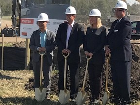 (From left to right) MLA Thomas Dang, Tom Ruth President and CEO of Edmonton International Airport, Lorraine Card Alberta Motor Transport Association President and Chris Nash Vice Chairman AMTA Board of Directors at the groundbreaking ceremony for the AMTA's new driver training facility on Wednesday, September 6, 2017. Submitted by Kelsey Hipkin