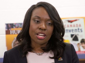 Ontario Minister of Education Mitzie Hunter speaks during a press conference in the library of Chemong Public School on Wednesday, June 28, 2017 in Bridgenorth, Ont. (JASON BAIN/Postmedia Network)