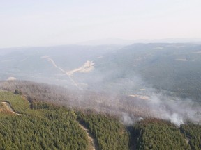 The Philpot Road wildfire is seen along a hillside just outside of Kelowna, B.C., on Aug. 28, 2017. (Jonathan Hayward/The Canadian Press)