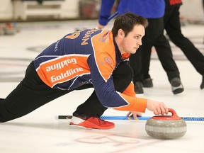 Skip Tanner Horgan of the Copper Cliff Curling Club delivers a rock during the Northern Ontario U21 Men's provincial play downs at the Sudbury Curling Club in Sudbury, Ont. on Wednesday December 28, 2016. Horgan and his teammates started a new season last weekend with the Stu Sells Oakville Tankard, advancing to the semifinals before falling to the eventual champion. Gino Donato/Sudbury Star/Postmedia Network