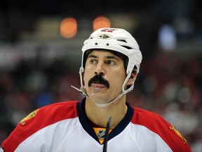 This is a Feb. 9, 2013, file photo showing Florida Panthers right wing George Parros during the third period of an NHL hockey game against the Washington Capitals, in Washington. (AP Photo/Nick Wass, File)