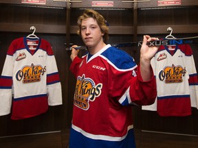 Edmonton Oil Kings forward Jake Neighbours who was selected fourth overall in the 2017 WHL Bantam Draft poses for a photo in the Oil Kings dressing room in Rogers Place, in Edmonton Thursday May 25, 2017. Neighbours made his Oil Kings debut in a pre-season game against the Prince George Cougars on Sept. 1, 2017.