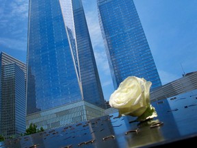 A single rose is placed in the shadow of One World Trade Center at the 9/11 memorial in New York City in the carved name of a victim. This is done by the 9/11 Memorial staff on the birthday of a victim. Photo Wayne Cuddington
