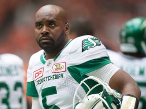 Saskatchewan Roughriders' quarterback Kevin Glenn stands on the sideline during the second half of a CFL football game against the B.C. Lions in Vancouver on Aug. 5, 2017. (THE CANADIAN PRESS/Darryl Dyck)