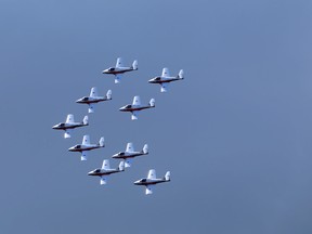 The Snowbirds make a practice flight over Kingston on Friday ahead of this weekend's air show. (Elliot Ferguson/The Whig-Standard)