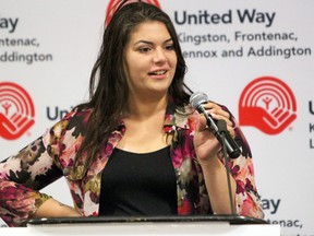 Emma Hollywood speaks at the United Way of Kingston, Frontenac, Lennox and Addington’s annual campaign launch at the Ambassador Hotel on Friday about how programs funded by the United Way have helped her. The campaign’s goal this year is $3,501,000. (Steph Crosier/The Whig-Standard)