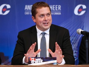 Conservative Party of Canada leader Andrew Scheer speaks at his shadow cabinet meeting in Winnipeg, Wednesday, September 6, 2017. THE CANADIAN PRESS/John Woods