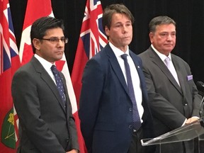 (left to right) Attorney General Yasir Naqvi, Health Minister Dr. Eric Hoskins and Finance Minister Charles Sousa defended Ontario's new recreational pot monopoly plan, which will see marijuana through the LCBO, at a news conference on Friday, Sept. 8, 2017. (Antonella Artusso/Toronto Sun)