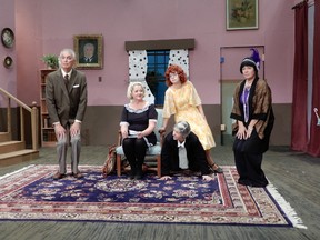 Rob Bruce, from left, Sandy Turcotte, Oscar Cadeau, Liane Wintle, Krista Berg are seen onstage in the Domino Theatre production The Farndale Housing Estate Townswomen’s Guild Dramatic Society Murder Mystery. (Grant Buckler/Supplied Photo)