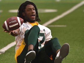 Derel Walker (87) has rejoined the Edmonton Eskimos after being cut from an NFL team, here at practice at the Commonwealth Field House in Edmonton, September 8, 2017.