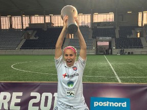 Sudbury native Jenna Hellstrom celebrates a Swedish Cup victory with FC Rosengard, a professional team in Sweden, on Aug. 27. Photo supplied