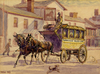This painting from the Toronto Public Library collection features one of Henry Burt Williams’ stagecoaches operated by his Yorkville Buss [sic] Line, a service that he had provided since 1849. Williams, who was a full time cabinetmaker, part-time undertaker, also had a couple of larger coaches pulled by four horses that he put into service whenever passenger numbers dictated. The location of the coach in this painting is in front of the Red Lion Inn that was located on the east side of Yonge St., north of Bloor St., and close to the site of today’s Main Reference Library. Road conditions often made keeping the company’s Yorkville to St. Lawrence Hall schedule difficult to maintain. Deep ruts in Yonge and King St. would frequently result in the coach’s wooden wheels breaking. The introduction of passenger cars fitted with steel wheels and riding on steel rails, as adopted by several American cities, was the obvious answer.