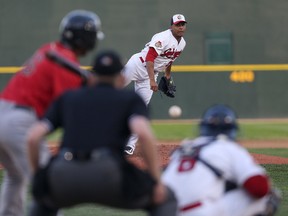 Winnipeg Goldeyes starting pitcher Charle Rosario deals to the Lincoln Saltdogs during American Association playoff baseball action at Shaw Park. (Kevin King/Winnipeg Sun)