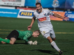 Keeper Tyson Farago of the FC Edmonton, is down after Steven Miller of North Carolina FC scored the third goal to win 3-0 at Clark Stadium on September 10, 2017.