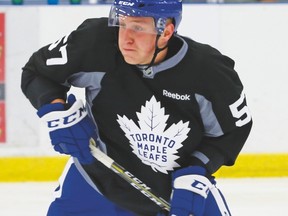 Travis Dermott felt he made some good and bad plays in the Leafs' rookies' shootout loss to Ottawa on Sunday. (Jack Boland, Toronto Sun)