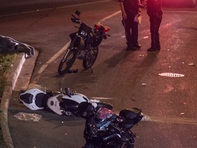 A motorcyclist was killed late Sunday after a crash westbound on Victoria Park Road near the Groat Road southbound exit  in Edmonton on September 10, 2017.  Photo by Shaughn Butts / Postmedia