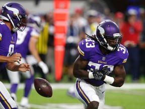 Minnesota Vikings quarterback Sam Bradford, left, fumbles the ball in front of running back Dalvin Cook during the first half of an NFL preseason football game against the San Francisco 49ers, Sunday, Aug. 27, 2017, in Minneapolis. (AP Photo/Jim Mone)