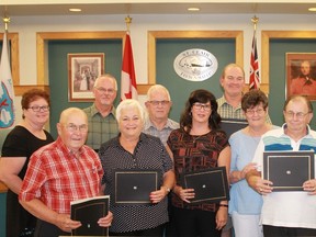 Recipients of St. Clair Township's Good Neighbour certificates received their awards prior to the Sept. 5 council meeting. From left are: Kathy Knight (for husband Brad), Lloyd McDonald, John Flesher, Allan and Sylvia Knight, Jen Ticknor, Glen Nantais, Joyce and Larry McDonald, Mayor Arnold.
CARL HNATYSHYN/SARNIA THIS WEEK