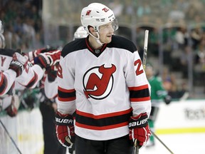 Damon Severson of the New Jersey Devils celebrates a goal against the Dallas Stars during the first period at American Airlines Center on Nov. 15, 2016. (Ronald Martinez/Getty Images)