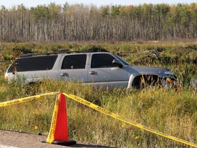 A vehicle police say was involved in a fatal accident that killed two individuals on the evening of Wednesday, September 6, 2017 on Real Martin Drive in Fort McMurray, Alta. Wood Buffalo RCMP arrested a 48-year-old man following the accident. Vincent McDermott/Fort McMurray Today