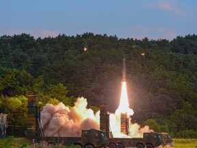 South Korea's Hyunmoo II ballistic missile is fired during an exercise at an undisclosed location in South Korea on Sept. 4, 2017. (South Korea Defence Ministry via AP/Files)