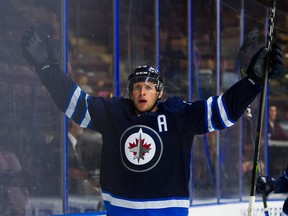 Winnipeg Jets Jansen Harkins celebrates after scoring a goal against the Calgary Flames during NHL preseason hockey action at the Young Stars Classic held at the South Okanagan Events Centre in Penticton, BC, September, 11, 2017. Richard Lam/Postmedia