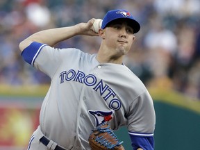 Toronto Blue Jays starting pitcher Aaron Sanchez throws during the first inning of the team's baseball game against the Detroit Tigers on July 14, 2017. (AP Photo/Carlos Osorio)
